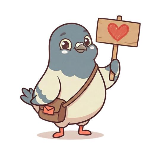 Pip the carrier pigeon holding a heart sign